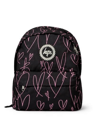 Hype Lisanslı 3 Bölmeli Sırt Çantası - Pembe Kalp Desenli Laptop Gözlü Su İtici Kumaşlı Okul Çantası Siyah - Pembe