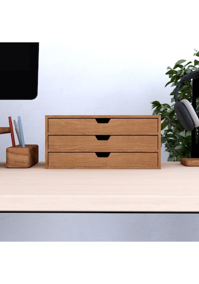 Desna Üç Katlı Üç Çekmeceli Dolap - Kiraz 34 Cm Uzunluk X 19 Cm Derinlik X 15.8 Cm Woodsaka Doğal Ahşap