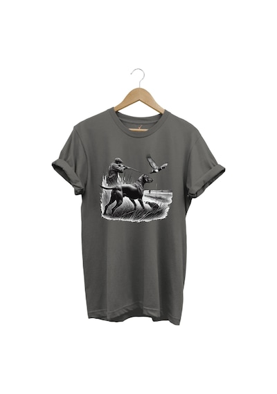 Avcılık Temalı Kuş Avı Ve Av Köpeği Baskılı %100 Pamuk Regular Fit Gri T-shirt Antrasit