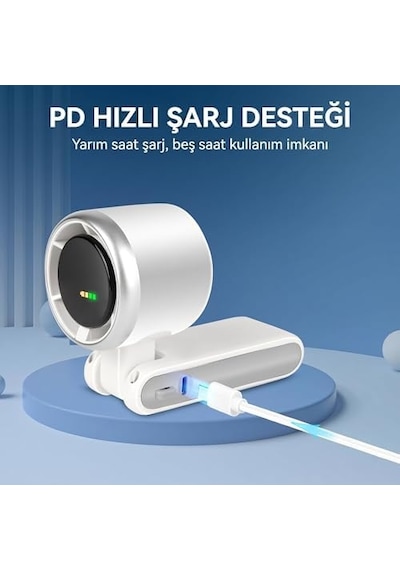 Blic Bwfn22 Turbo El Vantilatörü Mini Fan Vantilatör Katlanabilir 3 Ü 1 Arada Taşınabilir Fan 5 Kademeli Led Ekranlı Usb-c Şarjlı Mini Vantilatör Boyun Askılı Masaüstü Kullanım Beyaz