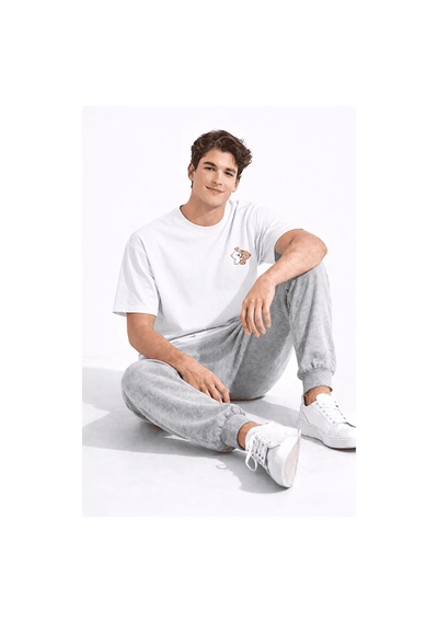 Sevgili Kombini Ayıcık Baskılı Çift Tişört Oversize Unisex Partne Beyaz