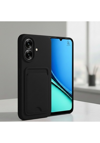 Realme Note 60 Uyumlu Arka Kamera Korumalı Kart Koyulabilen Silikon Kartlıklı Kılıf Kapak Siyah