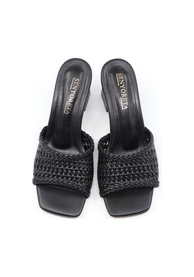 Nesilshoes Nesil Shoes Senyo 081 Siyah Örgü Topuklu Kadın Terlik