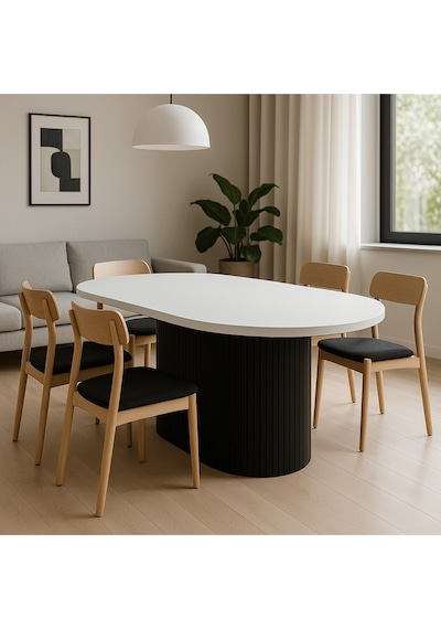 Dolunay 180x90x75cm 36mm Kalın Kenarlı Oval Beyaz Sütunlu Yemek Masası Sadece Masadır Siyah