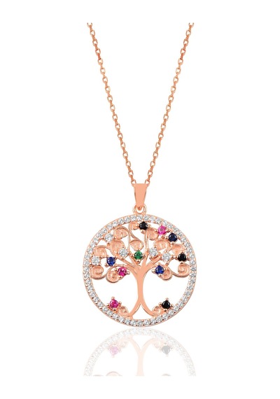 Gümüş Rose Zirkon Taşlı Yaşamın Renkli Dalları Ağaç Kolye Barcode Gümüş - Rose Gold