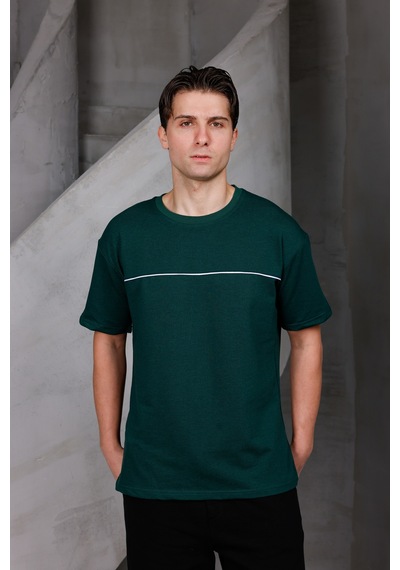 Erkek Garnili Şeritli Oversize Bisiklet Yaka 2 İki İplik Kompakt T-shirt Nefti