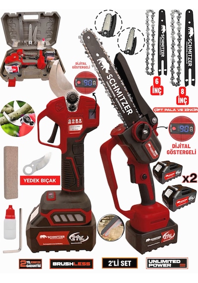 Schmıtzer 2 Li-budama-k Pro Set 21v Çelik Şanzuman 2 Pala Ve Zincir Şarjlı Dal Ağaç Kesme Bağ Budama Makas Testere