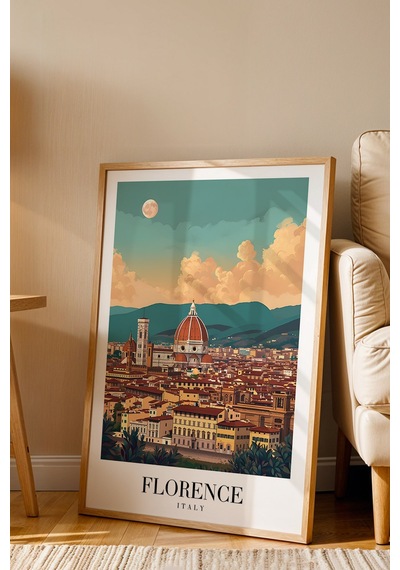 Florence Italy Vintage Seyahat Posteri Çerçeveli Tablo - Premium Floransa Elit Duvar Dekoru Kayın