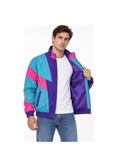 Veraura Lifestyle Erkek 80 Ler Retro Wintage Dijital Baskılı Fermuarlı Rüzgar Kesici Mevsimlik Ceket Çok Renkli