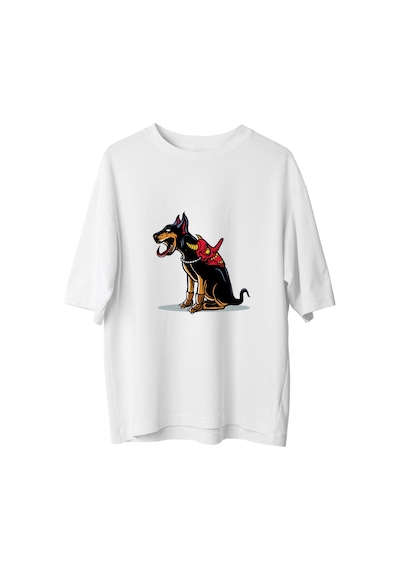 Paybuy Erkek Oversize Tişört Kafatası Maskeli Döberman Köpek Baskısı Rah Beyaz