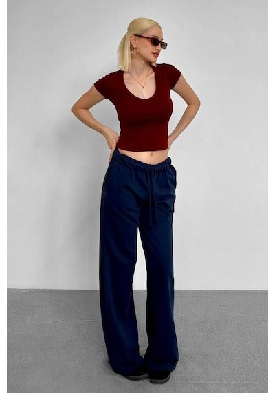 Bordo V Yaka Basic Kadın Tişört Mg2450
