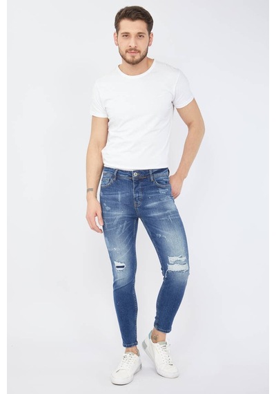 Blue White Erkek Skinny Fit Yırtık Detaylı Jean Koyu Mavi 26