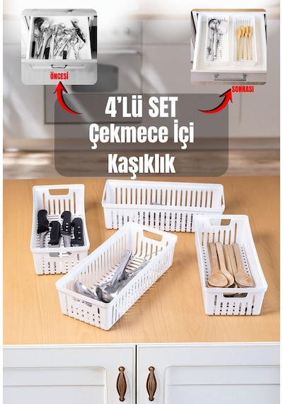 4 Lü Beyaz Mutfak Çekmece Düzenleyici Kaşık Çatal Bıçak Organizatörü Plastik Saklama Kutusu Plasti Diğer
