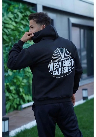 Erkek Sırt Baskılı Kapüşonlu Üç İplik Oversize Sweatshirt - Siyah