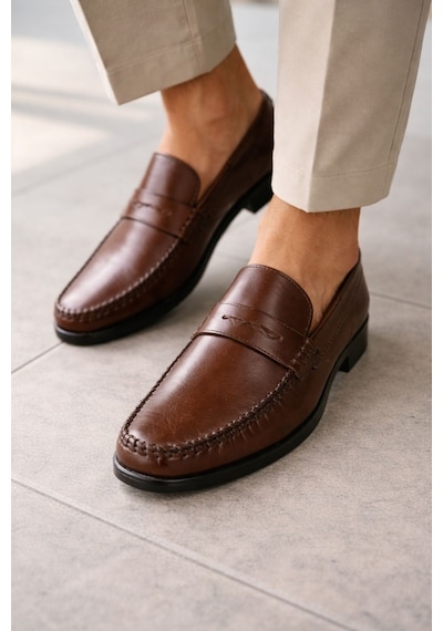 Muggo Vogayer Hakiki Deri Erkek Günlük Klasik Loafer Ayakkabı Kahverengi