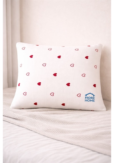 More Home Müslin Bebek Yastık Kılıfı Kapaklı 35x45 Kalp Desenli Beyaz Kırmızı