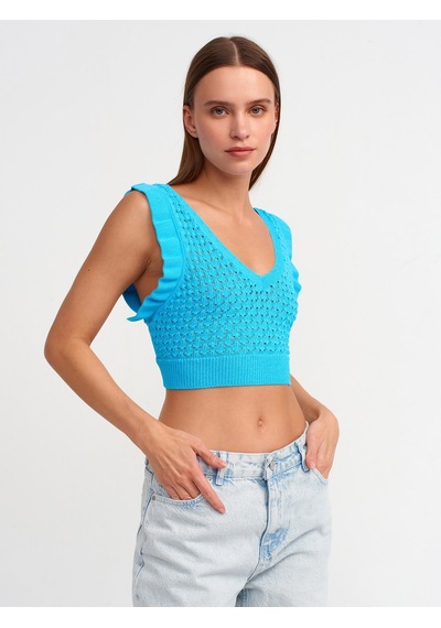 Dilvin V Yaka Fırfırlı Triko Crop Turkuaz
