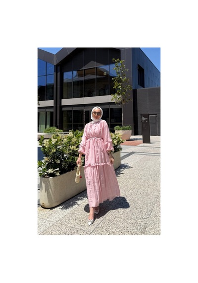 Riella Butik Perilla Fırfır Detaylı Tesettür Elbise Pembe