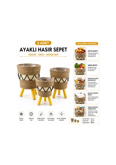 Alvetro Alv-01 Ayaklı Hasır Ve Ahşap Sepet 18-22-24cm 3 Adet Mix Desen - 6'li Paket