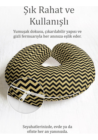 Zigzag Desenli Ergonomik Boyun Yastığı - Modern Altın Siyah Yumuşak Seyahat Yastığı Doygun Fırtına Fıstık Yeşili