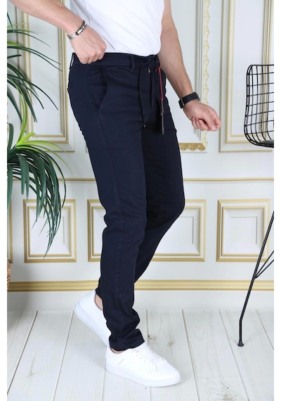 Phantom Jeans Erkek Lacivert Slim Fit Esnek Likralı Armürlü Keten Pantolon Bağcıklı Kemerli Beli Lastikli Şık Pant Lacivert
