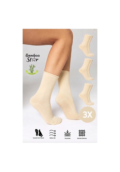 Bamboo Star Bambu Kaydırmaz Taban Silikon Baskı Umre Tavaf Umre Hamile Yoga Krem Lastiksiz Çorap 3'lü