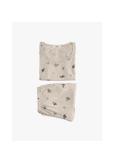 Koton Kurdele Detaylı Baskılı Rahat Kalıp Kısa Kollu Örme Pijama Takımı Bej 7wlk40211mk Ekru