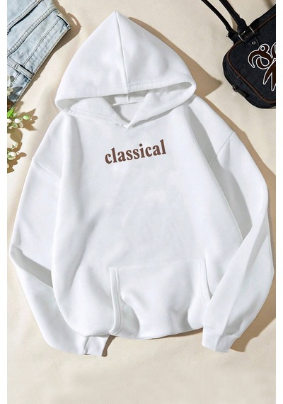 Classical Baskılı Oversize Sweatshirt Beyaz