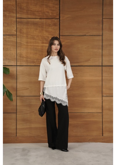 Verymoda Dantel Ve Saten Detaylı Asimetrik Tişört D2942 Krem