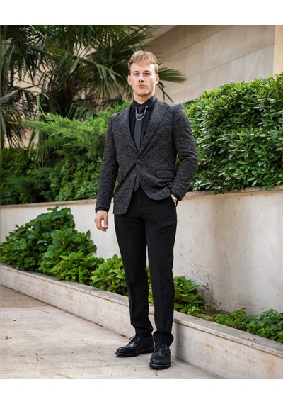 Bys Beystil Sivri Yaka Kırçıllı Siyah Blazer Ceket Britanya -slim Fit