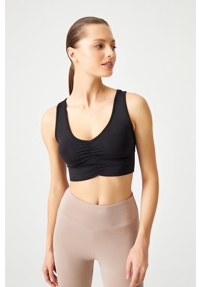 Los Ojos Siyah Hafif Destekli Kaplı Önü Büzgülü Crop Top Büstiyer Low Scoop Siyah