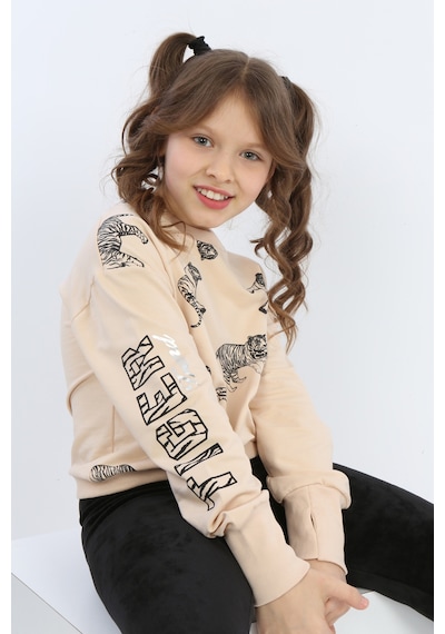 Toontoy Kız Çocuk Tiger Trend Baskılı Sweatshirt Bej