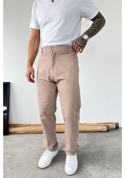 Bej Premium Dokulu Baggy Kumaş Pantolon