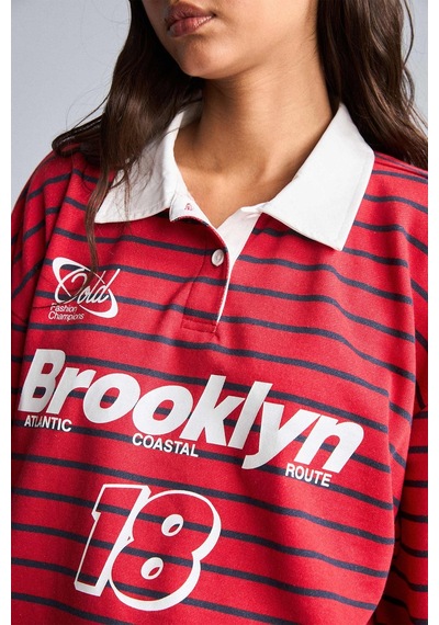 Defacto Oversize Polo Yaka Çizgili Baskılı Kalın Kumaş Sweatshirt H5841ax26wnrd227 Kırmızı-rd227