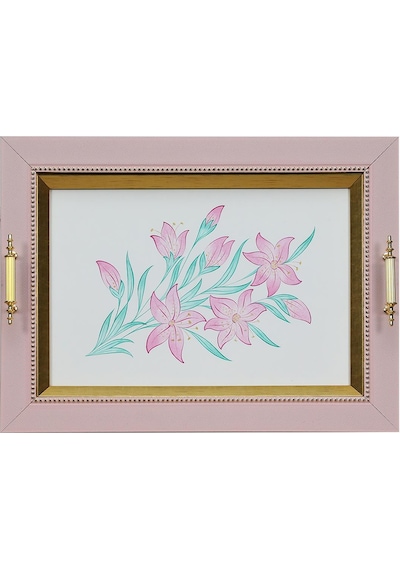 E38 El İşçiliği Pembe Çiçek Suluboya Tepsi 36x48 Cm - 6223