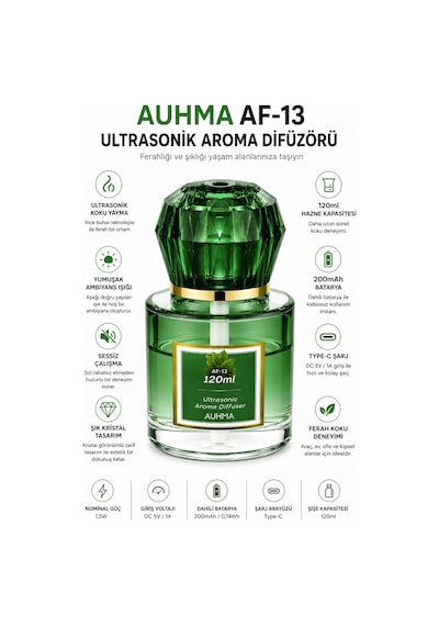 Auhma Af-13 120ml Şarjlı Ultrasonik Araç Koku Difüzörü Yeşil Ambiyans Işıklı Ebony Esans Aroma Yayıcı