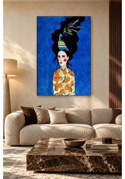 Fida Zeytin Dallı Kuş Ve Portakal Desenli Bluzlu Kadın Canvas Tablo Çok Renkli