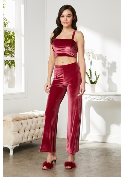 Pierre Cardin 2050 Kadın Kadife Saten Sabahlıklı Pijama Takım-bordo Bordo