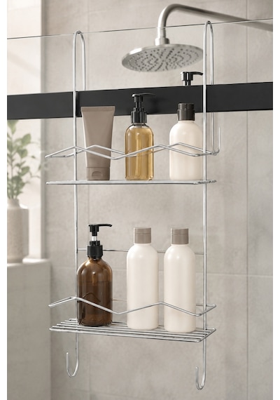 Parlak Silver Duşakabin Askılı 2 Katlı Banyo Rafı Şampuanlık Düzenleyici Metal Askılık