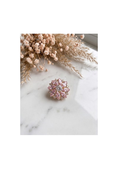 Pembe Kristal Taşlı Çiçek Broş Gold Mekik Kesim Vintage