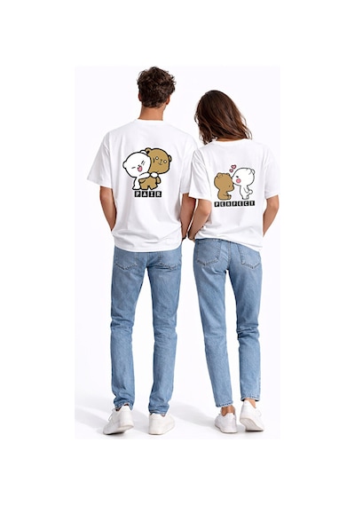 Sevgili Kombini Perfect Pair Ayıcık Baskılı Çift Tişört Oversize Unisex Partner Kombin Seti Beyaz