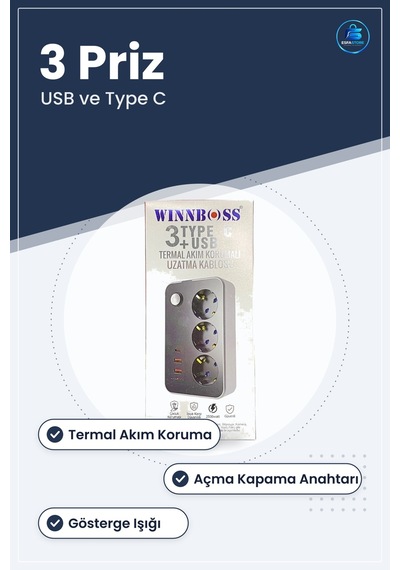 3 Prizli Usb Çıkışlı Termal Akım Korumalı Priz Uzatma Kablosu Typ 1.5