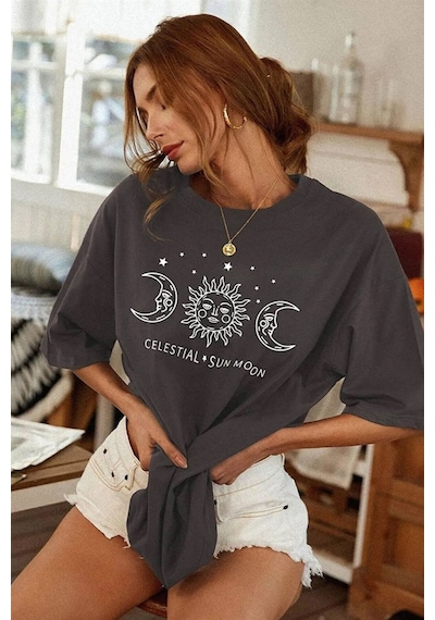 Unisex Sun Moon Sırt Baskılı Oversize T-shirt Yeşil