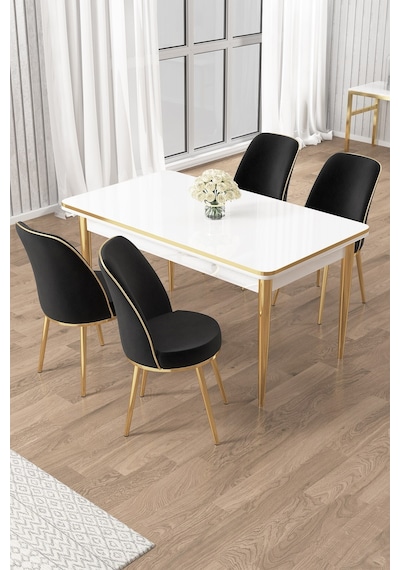 Canisa Rewa Serisi 70x110 Sabit Beyaz Gold Detay Masa Takımı Ve 4 Siyah Sandalye Masa Beyaz Sandalye Siyah Ayak Gold Canisa Rewa Serisi 70x110 Sabit Beyaz Gold Detay Masa Takımı Ve 4 Siyah Sandalye Masa Beyaz Sandalye Siyah Ayak Gold