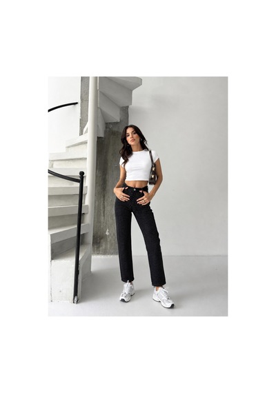 Kene Jeans Siyah Bacak Taşlı Mom Jeans Siyah