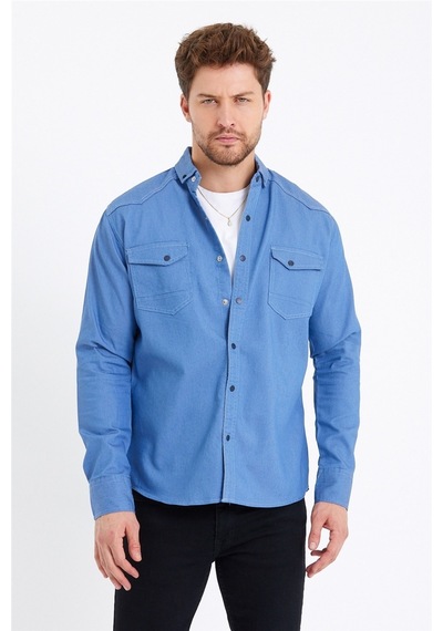Cool Tarz Erkek Mavi Çift Cepli Çıt Çıt Düğmeli Slim Fit Kot Gömlek-tcktgmlkr02s Mavi Mavi