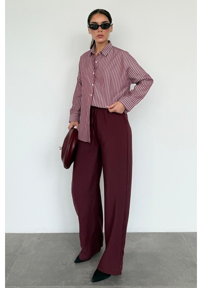 Madmext Bordo Çizgili Kadın Gömlek Mg2410 Bordo