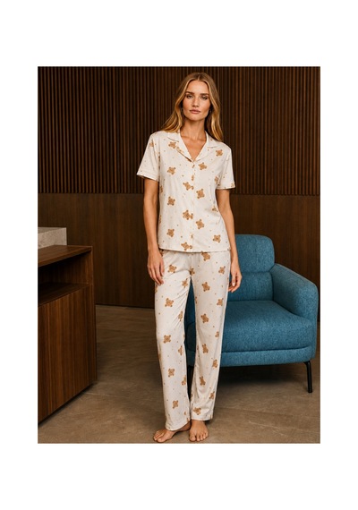 Bol Kesim V Yaka Örme Kırık Beyaz Pijama Takımı