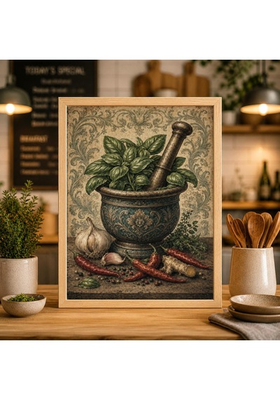 Eski Tarz Havanda Ve Havan Tokmağı Posteri, Rustik Mutfak Bitkileri Baskısı, Botanik Eczane Duvar Sanatı