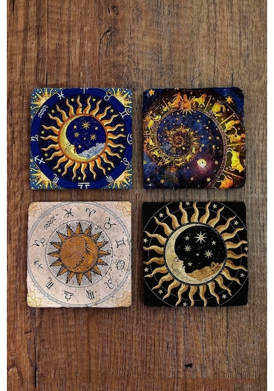 Doğal Taş Bardak Altlığı Astroloji - Burçlar Baskılı 4'lü Set Bardak Altlığı - Stone Coasters Çok Renkli